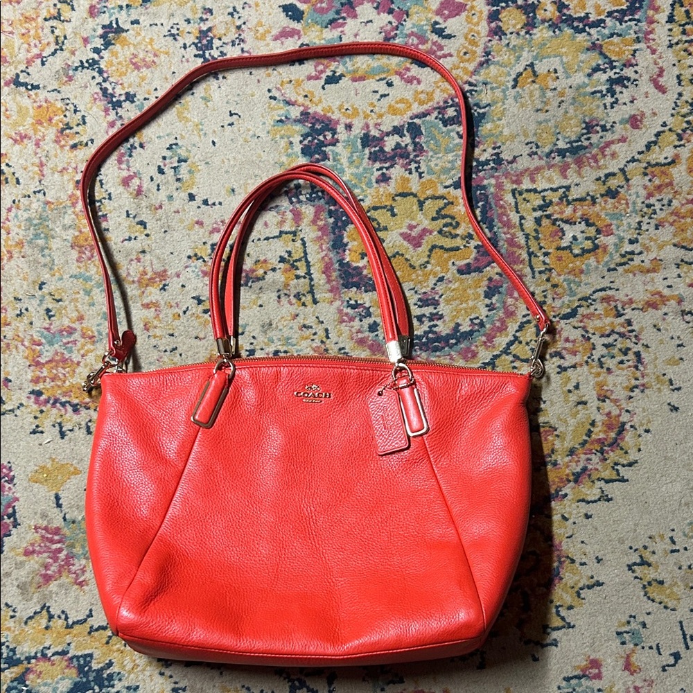 COACH‎ Madison Leather Medium Kelsey Satchel red orange pebbled leather